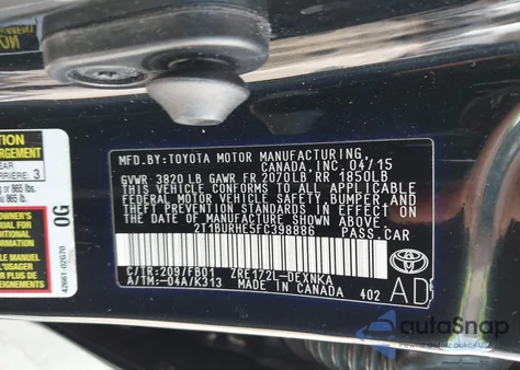 2015 Toyota Corolla Le from USA, damaged, VIN 2T1BURHE5FC398886